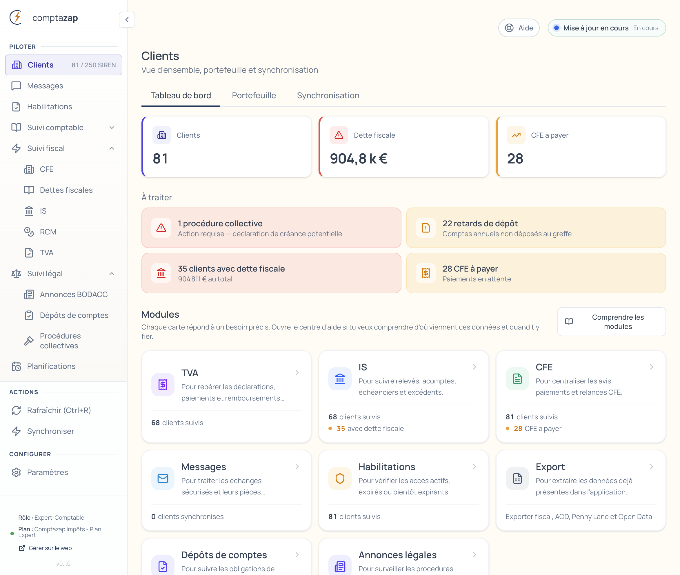 Comptazap — Tableau de bord avec 81 clients, alertes fiscales et KPIs