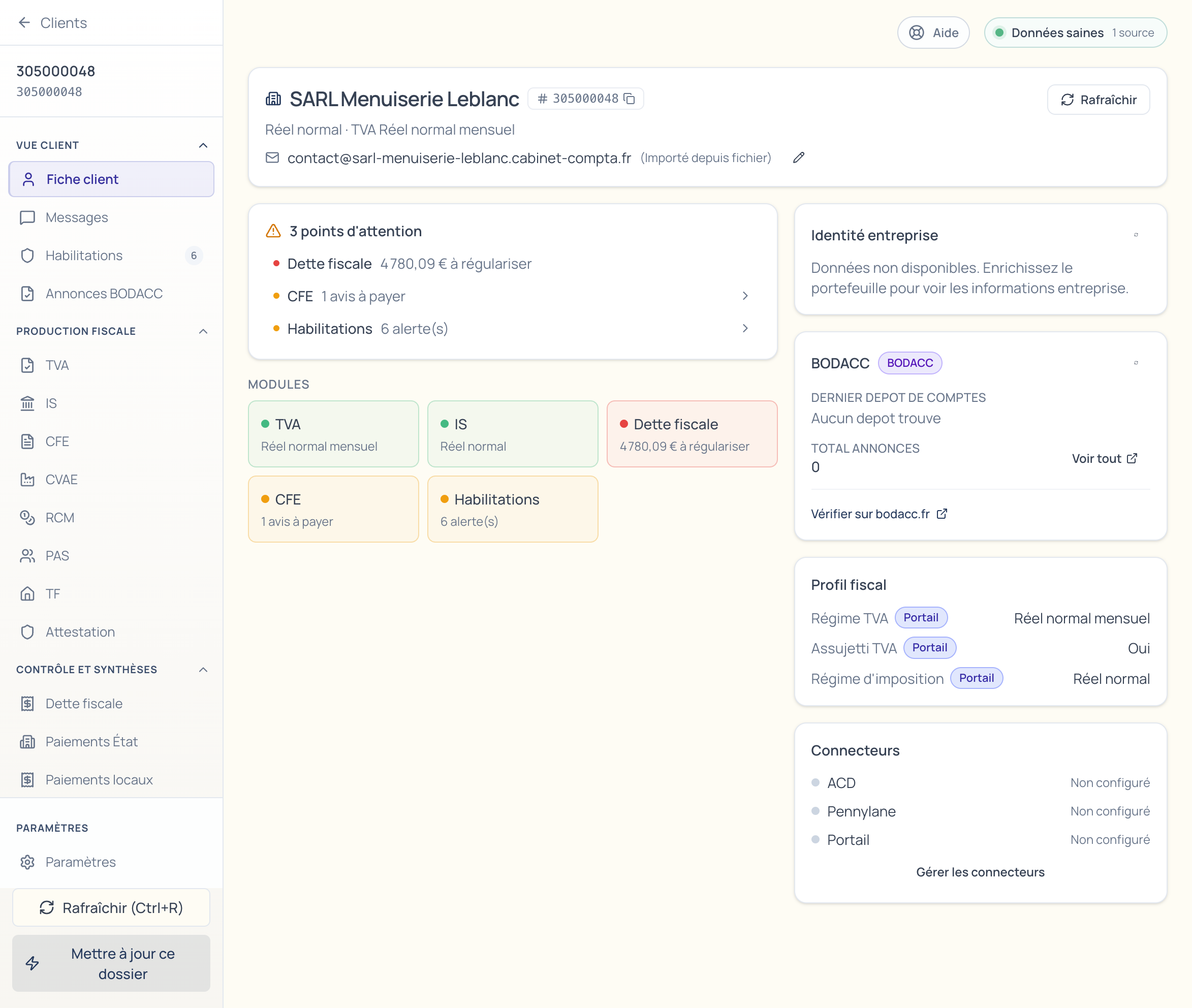 Fiche client avec alertes