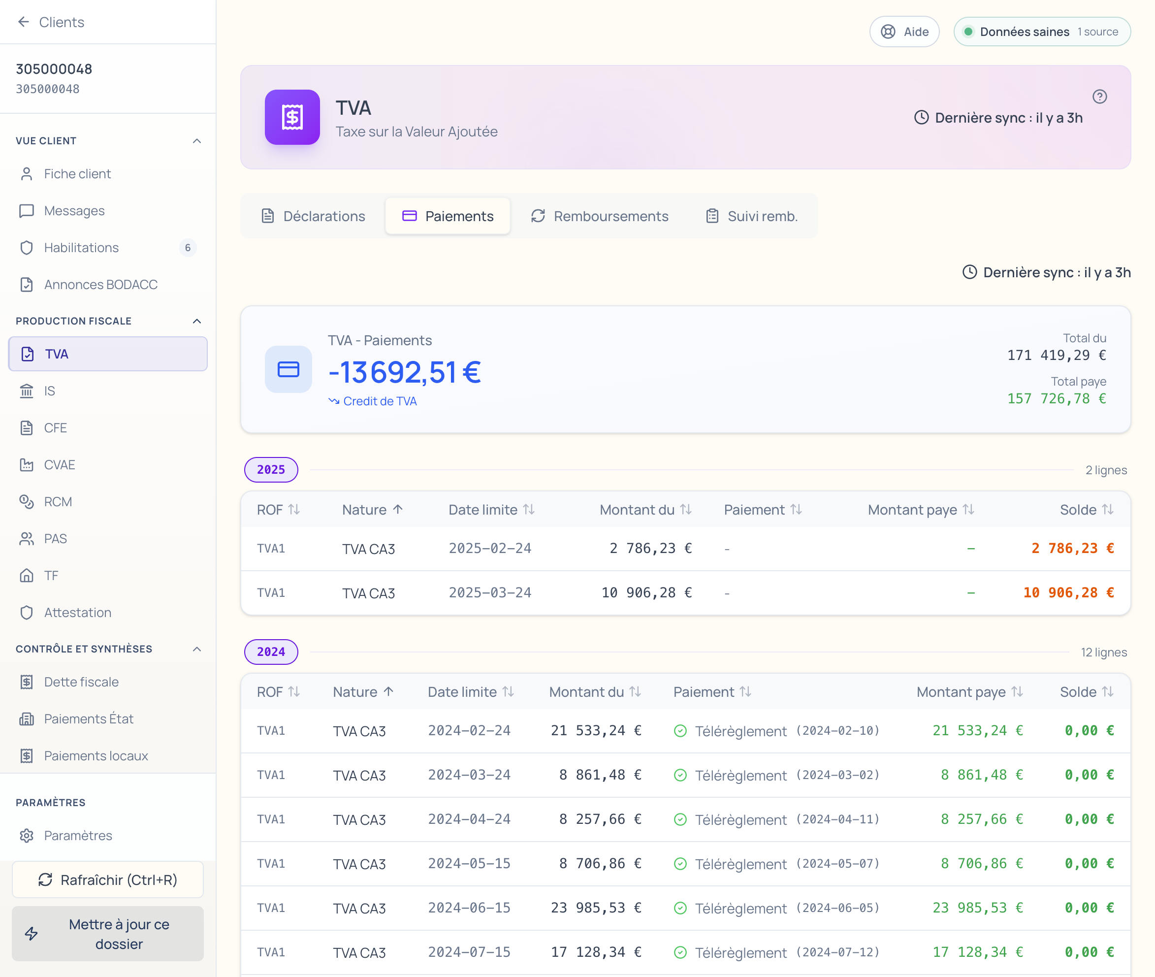 TVA paiements — soldes dus